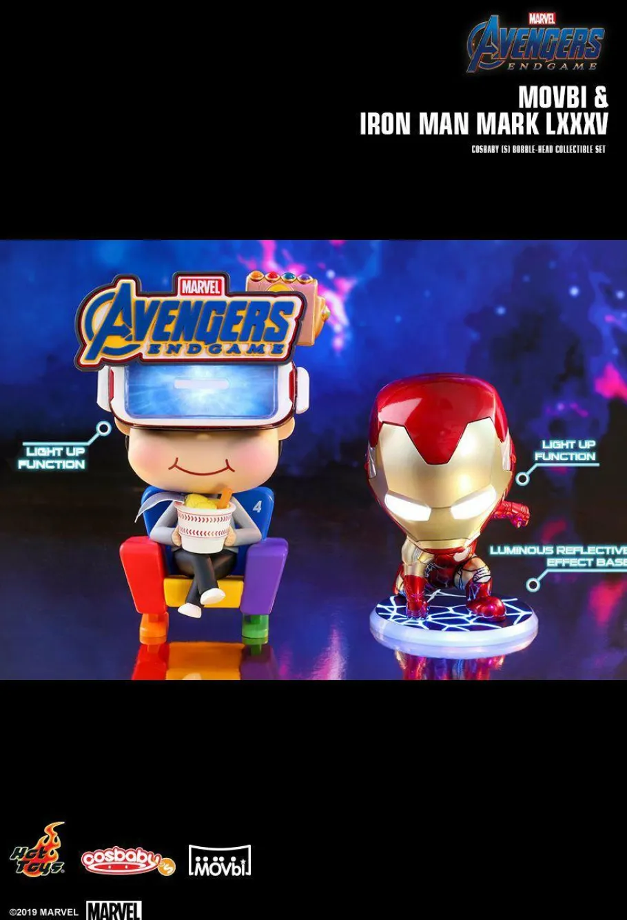 Cosbaby>The Avengers Avengers 4: Endgame - Iron Man Chrome Mask Light-Up & Movbi Cosbaby 3.75” Hot Toys Bobble-Head Figure 2-Pack **Non-Mint Packaging**