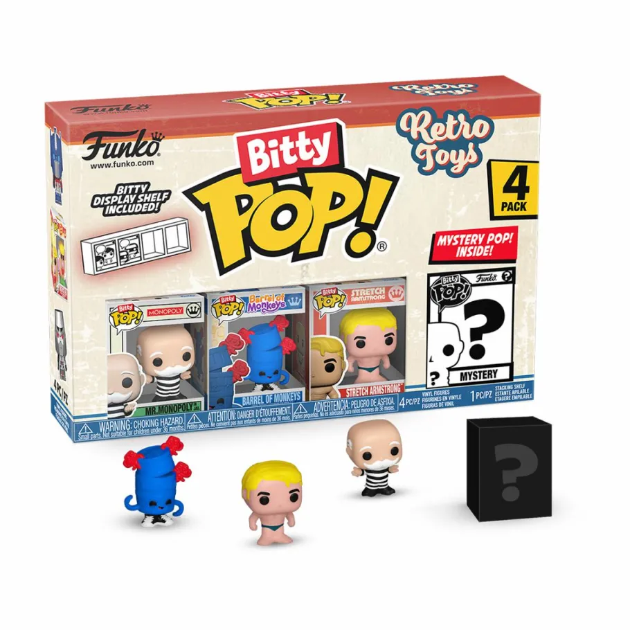 Blind Box>Retro Toys - Mr. Monopoly, Barrel of Monkeys, Stretch Armstrong & Mystery Bitty Pop! Vinyl Figure 4-Pack