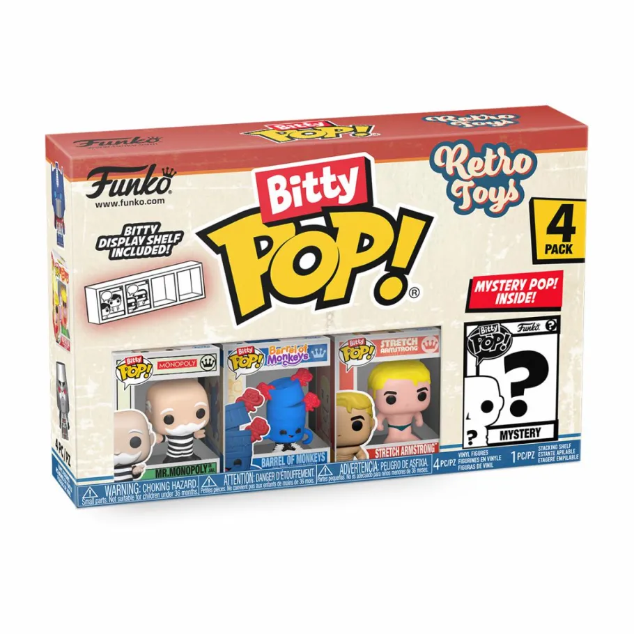 Blind Box>Retro Toys - Mr. Monopoly, Barrel of Monkeys, Stretch Armstrong & Mystery Bitty Pop! Vinyl Figure 4-Pack