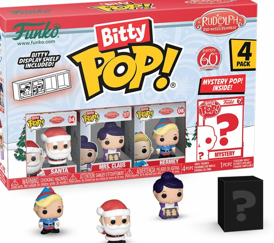 Blind Box>Rudolph the Red Nosed Reindeer Rudolph the Red-Nosed Reindeer (1964) - Santa, Mrs. Claus, Hermey & Mystery 60th Anniversary Bitty Pop! Vinyl Figure 4-Pack