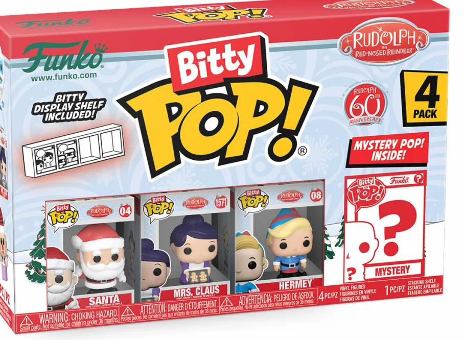 Blind Box>Rudolph the Red Nosed Reindeer Rudolph the Red-Nosed Reindeer (1964) - Santa, Mrs. Claus, Hermey & Mystery 60th Anniversary Bitty Pop! Vinyl Figure 4-Pack