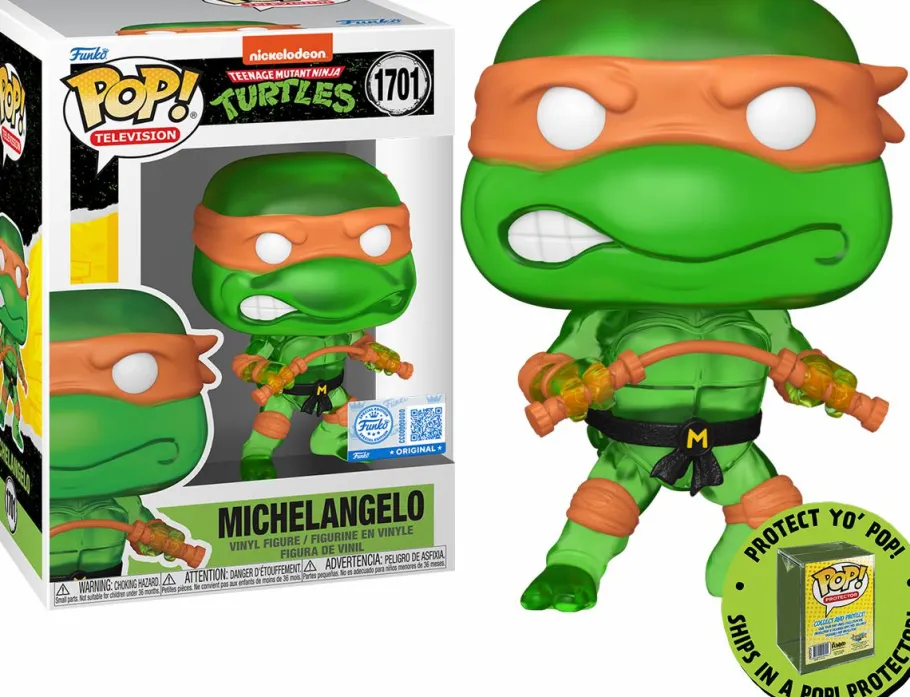 Pop! Chases, Vault, Limited Editions, Ppp Items>Teenage Mutant Ninja Turtles (TMNT) Teenage Mutant Ninja Turtles - Michelangelo (Translucent Green) Pop! Vinyl Figure in Acrylic Pop! Protector (Popcultcha Exclusive)